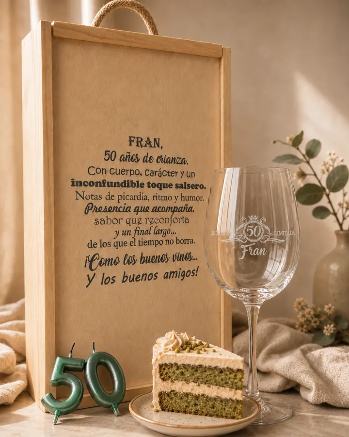 Estuche de madera grabado con dedicatoria, copa de edición limitada 50 años y porción de tarta