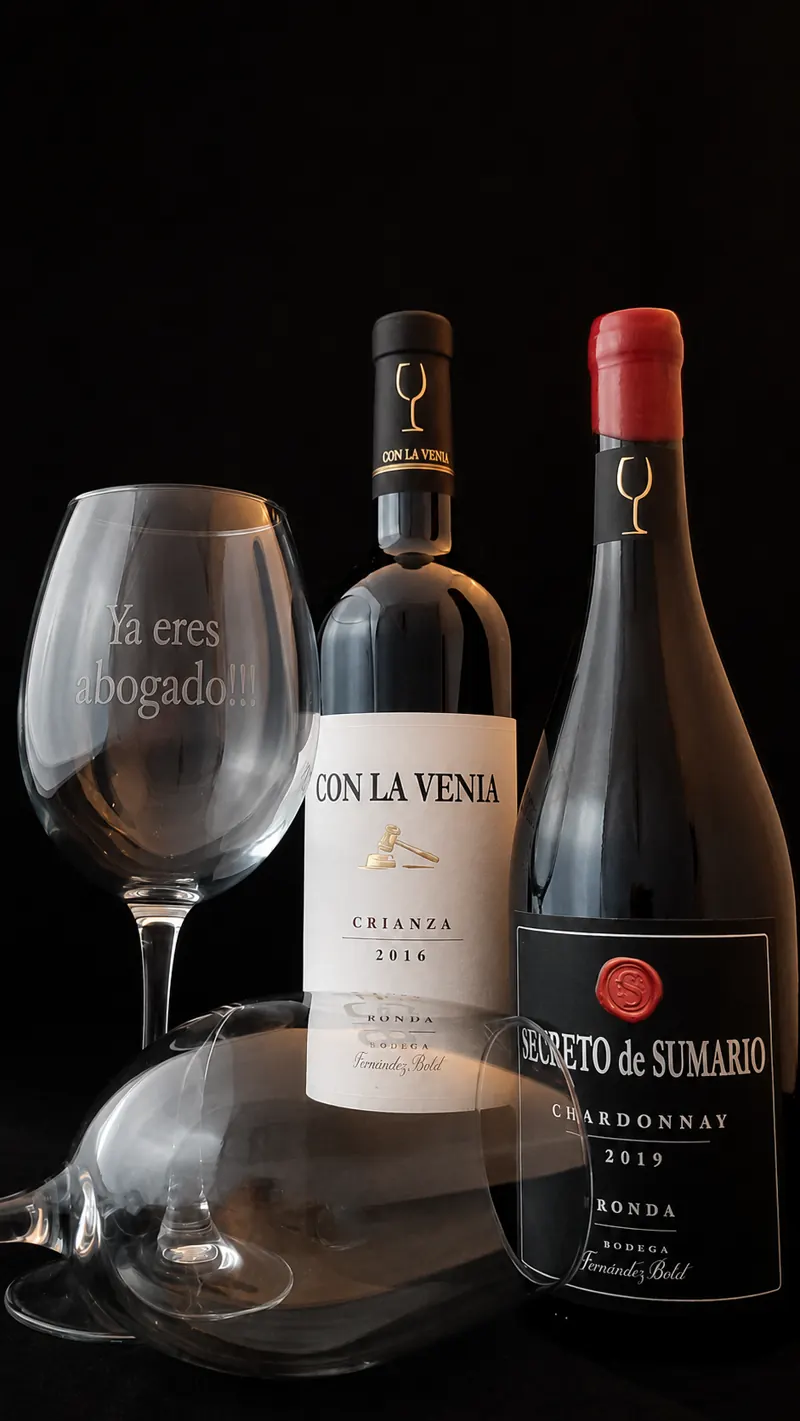 Copa grabada con dedicatoria junto a vinos de bodega