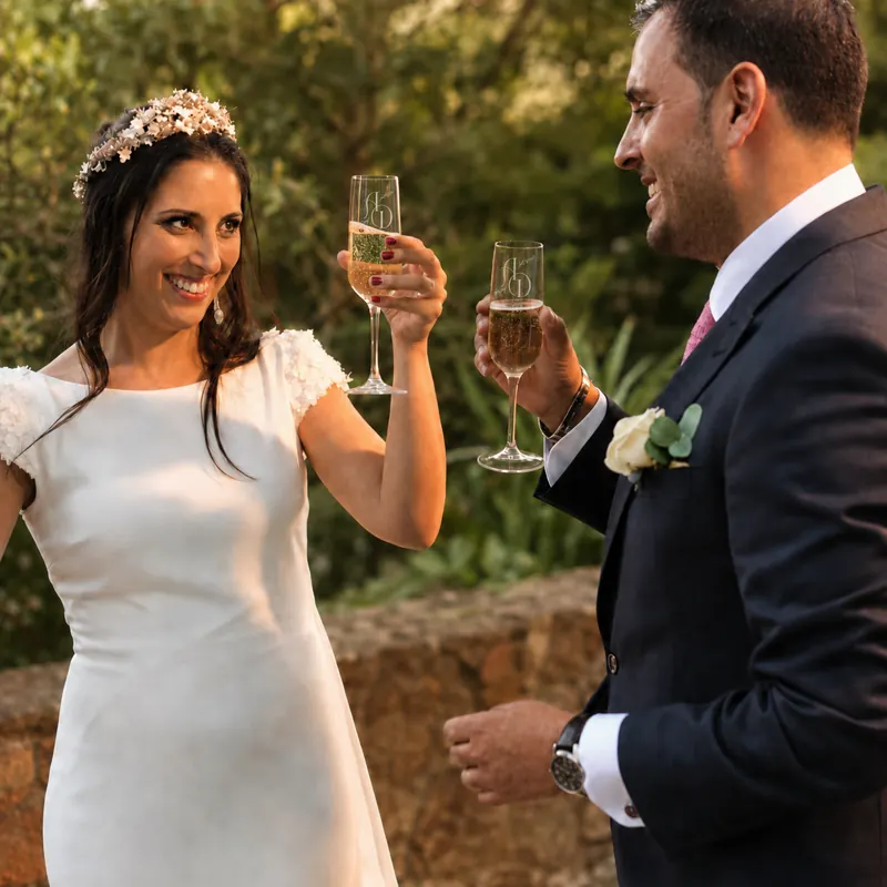 Novios brindando con copas de cava grabadas con sus iniciales